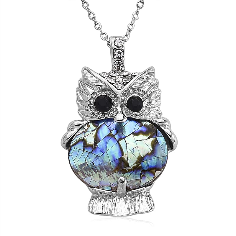 Abalone Shell, Black and White Austrian Crystal Owl Pendant in Silvertone with Stainless Steel Necklace 20-22 Inches