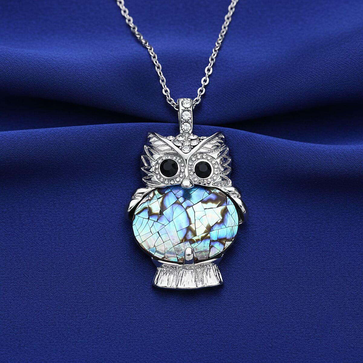 Abalone Shell, Black and White Austrian Crystal Owl Pendant in Silvertone with Stainless Steel Necklace 20-22 Inches image number 1