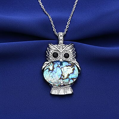 Abalone Shell, Black and White Austrian Crystal Owl Pendant in Silvertone with Stainless Steel Necklace 20-22 Inches