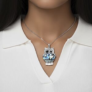 Abalone Shell, Black and White Austrian Crystal Owl Pendant in Silvertone with Stainless Steel Necklace 20-22 Inches