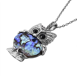 Abalone Shell, Black and White Austrian Crystal Owl Pendant in Silvertone with Stainless Steel Necklace 20-22 Inches