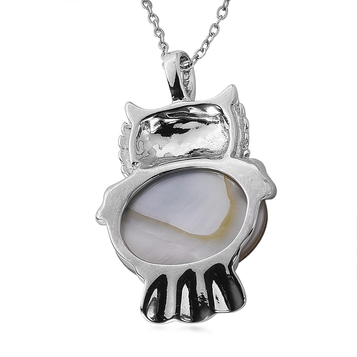 Abalone Shell, Black and White Austrian Crystal Owl Pendant in Silvertone with Stainless Steel Necklace 20-22 Inches image number 4