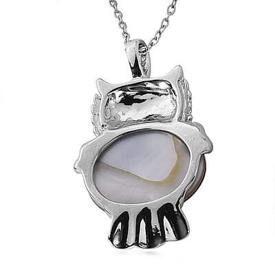 Abalone Shell, Black and White Austrian Crystal Owl Pendant in Silvertone with Stainless Steel Necklace 20-22 Inches