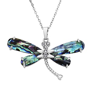 Abalone Shell, Austrian Crystal Dragonfly Pendant Necklace in Silvertone 20-22 Inches