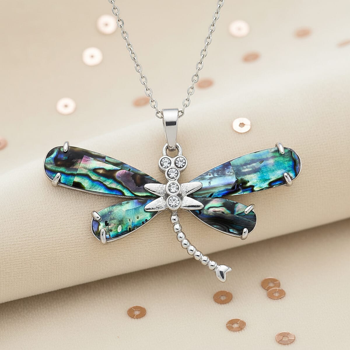 Abalone Shell, Austrian Crystal Dragonfly Pendant Necklace in Silvertone 20-22 Inches image number 1
