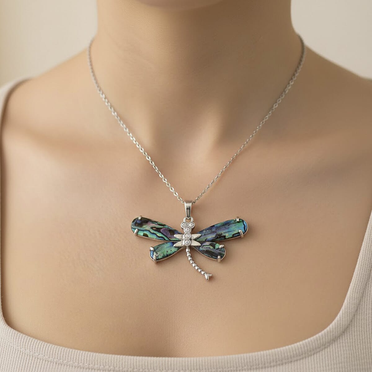 Abalone Shell, Austrian Crystal Dragonfly Pendant Necklace in Silvertone 20-22 Inches image number 2