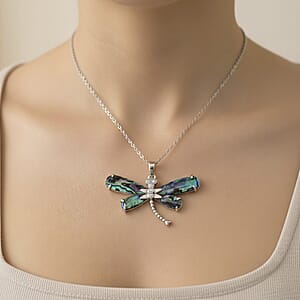 Abalone Shell, Austrian Crystal Dragonfly Pendant Necklace in Silvertone 20-22 Inches
