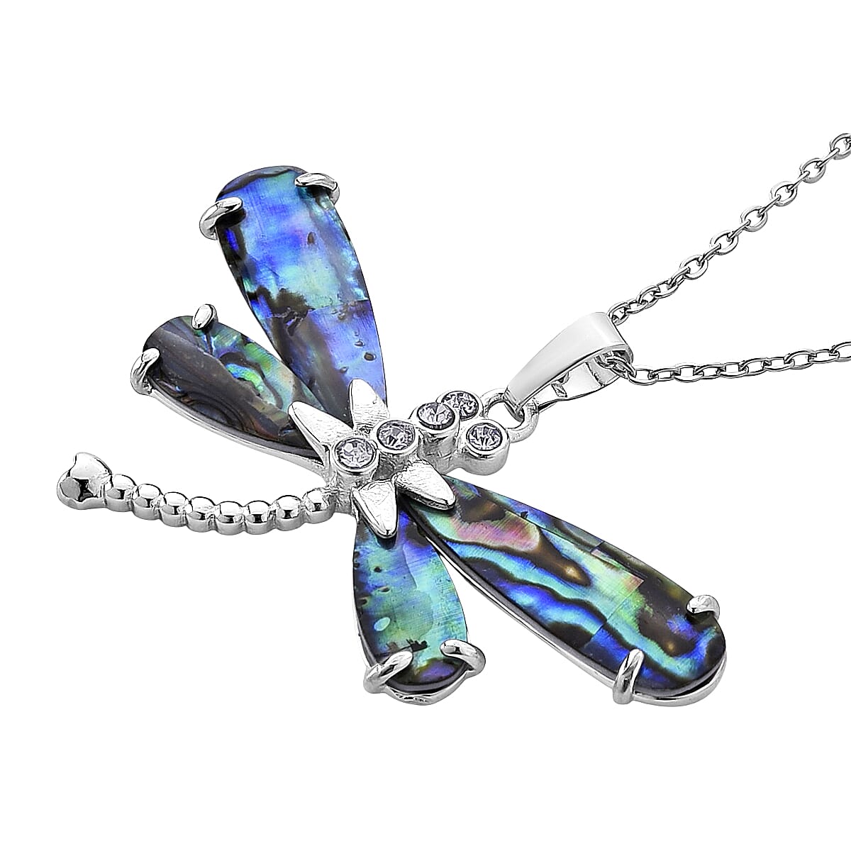 Abalone Shell, Austrian Crystal Dragonfly Pendant Necklace in Silvertone 20-22 Inches image number 3