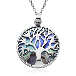 Abalone Shell Tree of Life Pendant Necklace in Silvertone 20-22 Inches