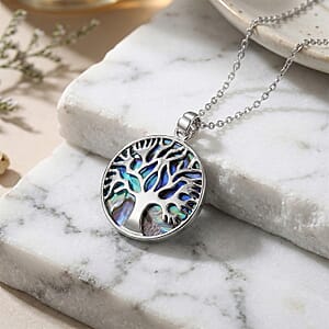 Abalone Shell Tree of Life Pendant Necklace in Silvertone 20-22 Inches