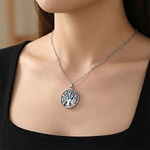 Abalone Shell Tree of Life Pendant Necklace in Silvertone 20-22 Inches