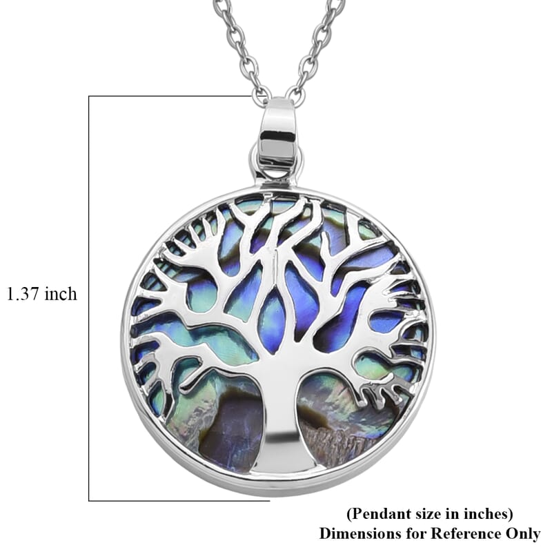 Abalone Shell Tree of Life Pendant Necklace in Silvertone 20-22 Inches