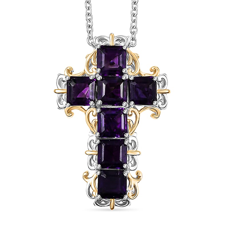 EverTrue African Amethyst 4.50 ctw Art Nouveau Cross Pendant in 18K YG Plated and Platinum Bond with Stainless Steel Necklace 20 Inches