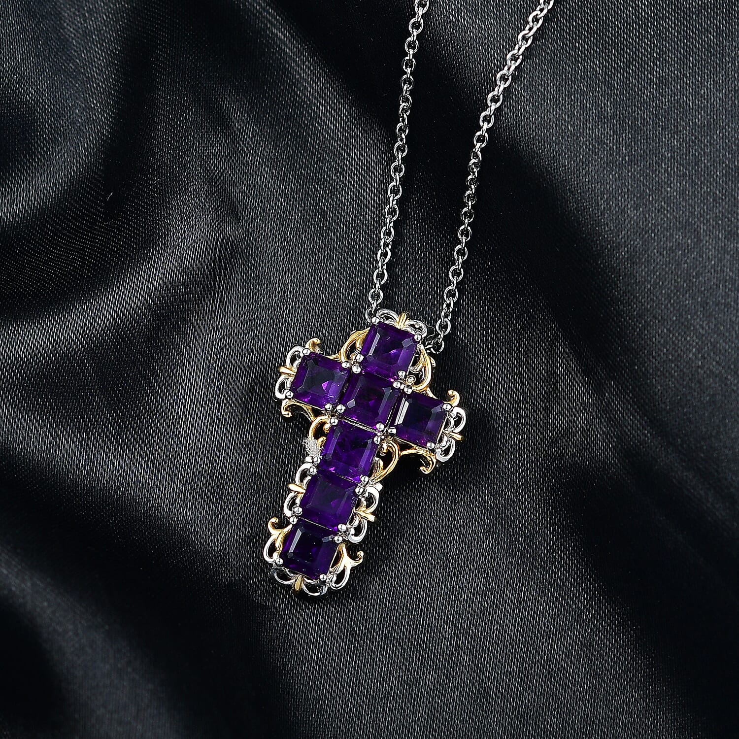 EverTrue African Amethyst 4.50 ctw Art Nouveau Cross Pendant in 18K YG Plated and Platinum Bond with Stainless Steel Necklace 20 Inches