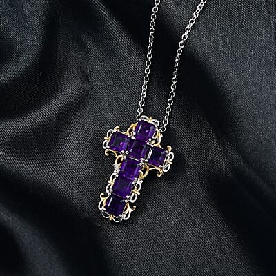 EverTrue African Amethyst 4.50 ctw Art Nouveau Cross Pendant in 18K YG Plated and Platinum Bond with Stainless Steel Necklace 20 Inches