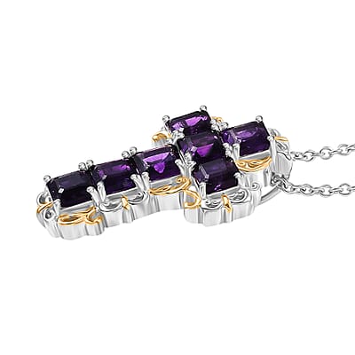 EverTrue African Amethyst 4.50 ctw Art Nouveau Cross Pendant in 18K YG Plated and Platinum Bond with Stainless Steel Necklace 20 Inches