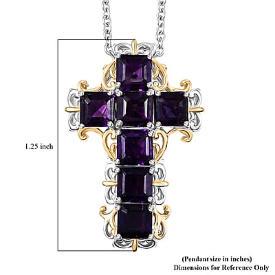 EverTrue African Amethyst 4.50 ctw Art Nouveau Cross Pendant in 18K YG Plated and Platinum Bond with Stainless Steel Necklace 20 Inches