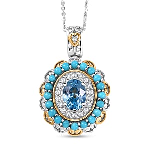 D'Joy AAA Cambodian Blue Zircon and Multi Gemstone 3.10 ctw Pendant Necklace in 18K Vermeil YG and Rhodium Over Sterling Silver 20 Inches