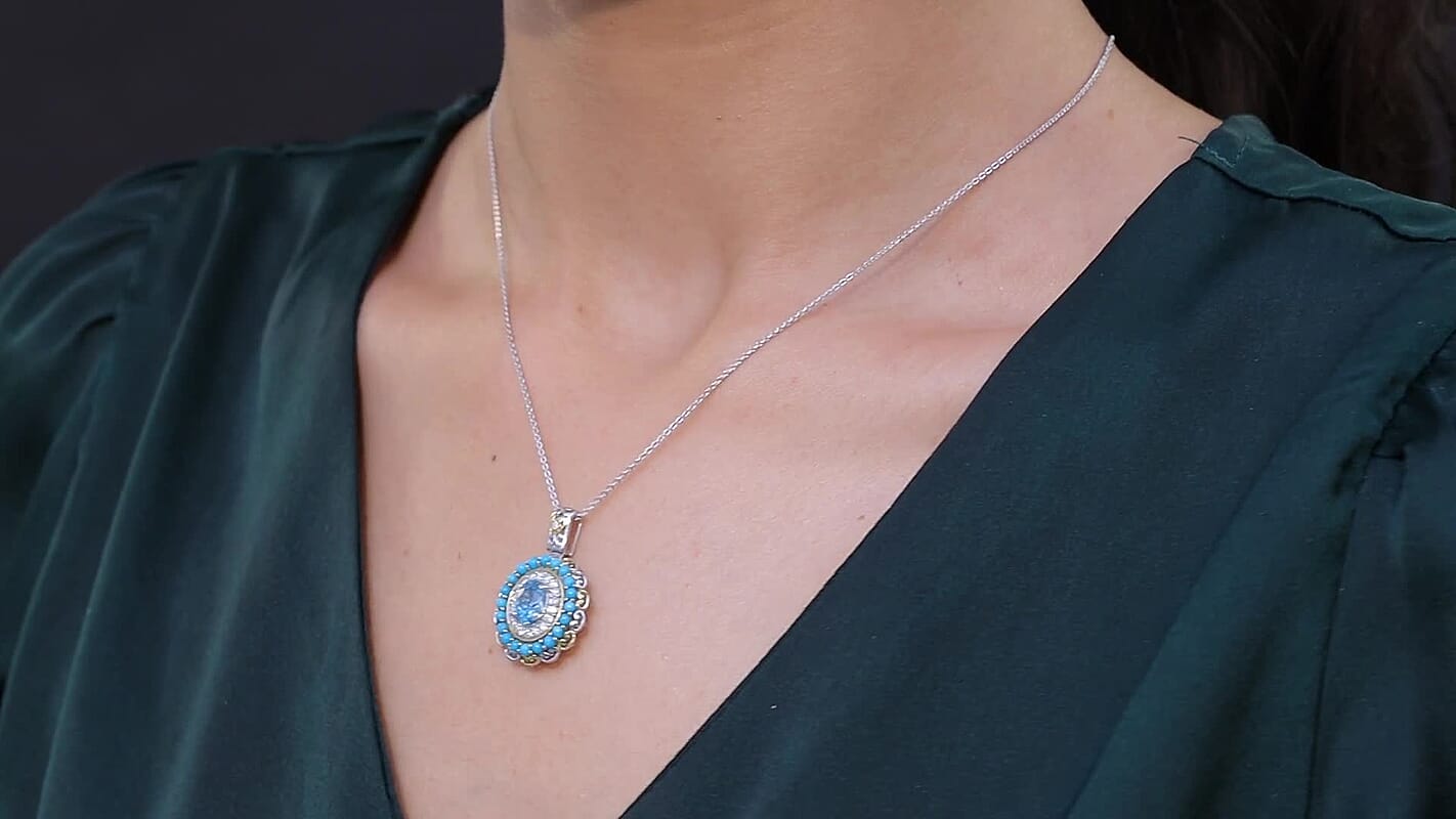 D'Joy AAA Cambodian Blue Zircon, Multi Gemstone Pendant Necklace in 18K Vermeil YG and Rhodium Over Sterling Silver 3.10 ctw (20 Inches)
