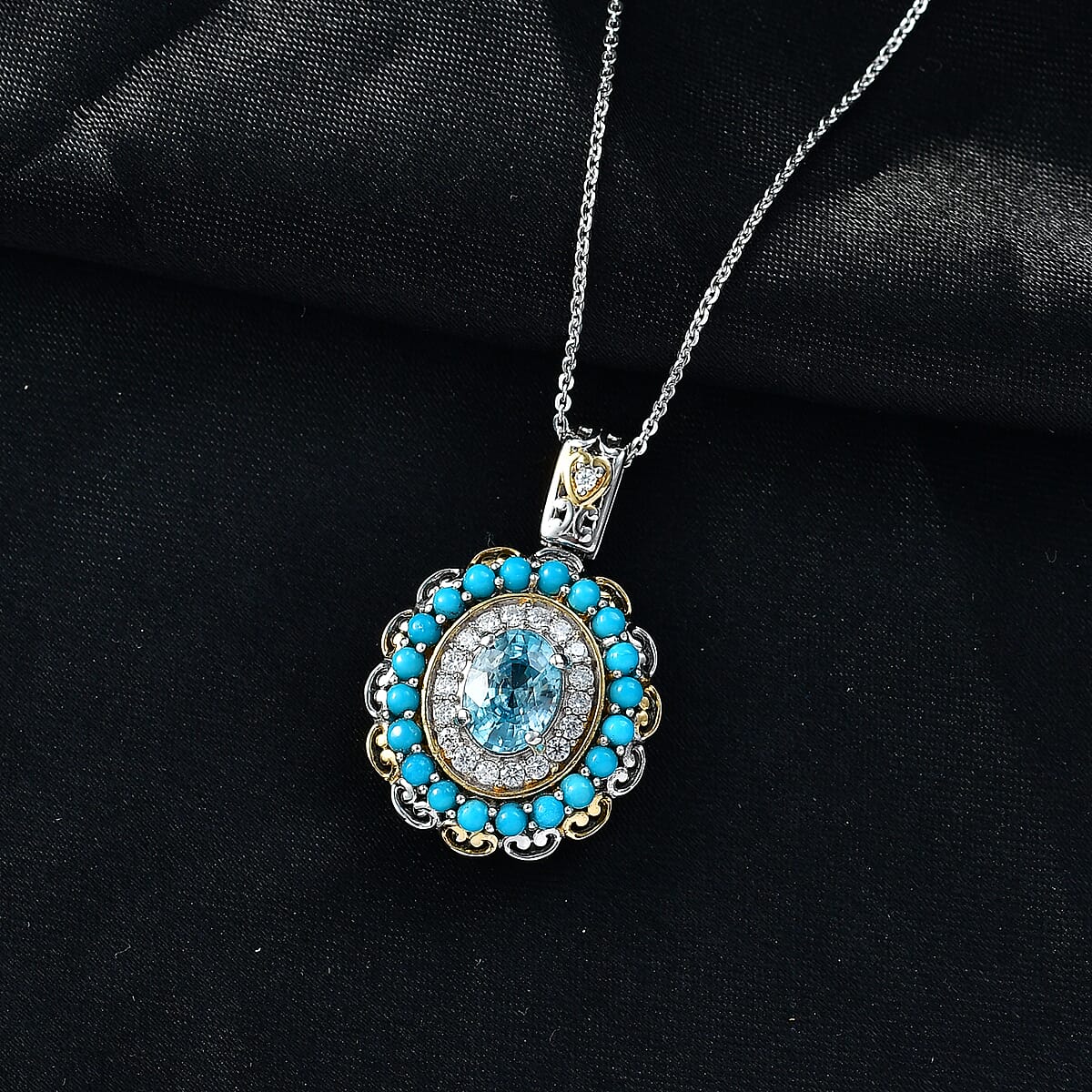 D'Joy AAA Cambodian Blue Zircon and Multi Gemstone 3.10 ctw Oceanfire Royale Pendant Necklace in 18K Vermeil YG and Rhodium Over Sterling Silver 20 Inches image number 1