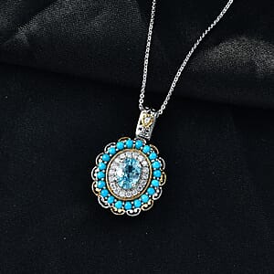 D'Joy AAA Cambodian Blue Zircon, Multi Gemstone Pendant Necklace in 18K Vermeil YG and Rhodium Over Sterling Silver 3.10 ctw (20 Inches)
