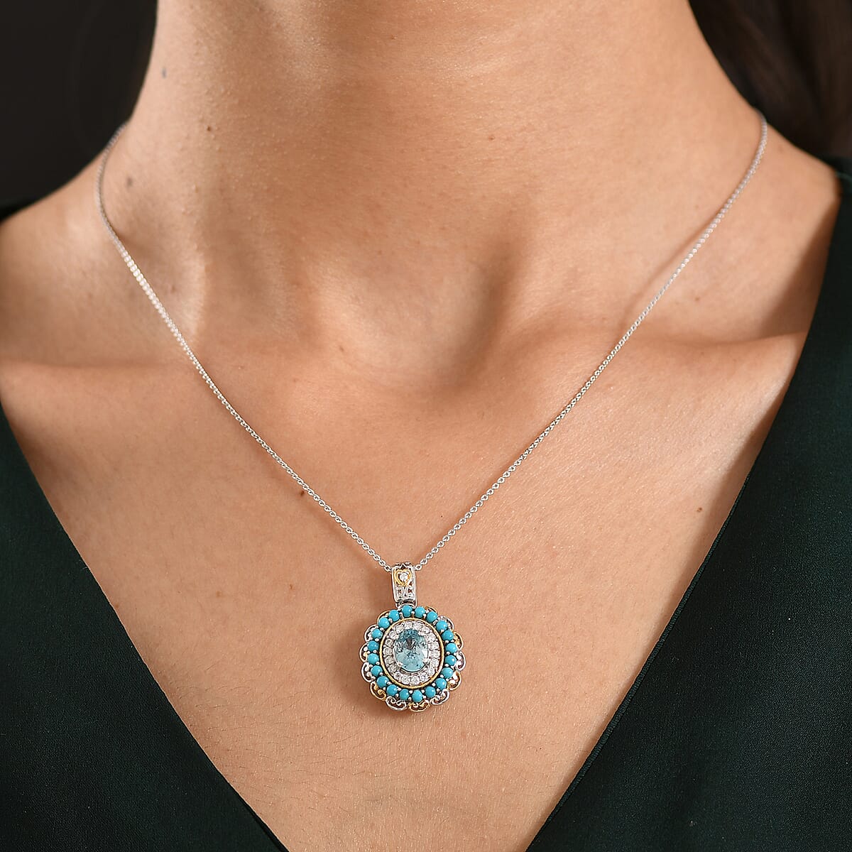 D'Joy AAA Cambodian Blue Zircon and Multi Gemstone 3.10 ctw Oceanfire Royale Pendant Necklace in 18K Vermeil YG and Rhodium Over Sterling Silver 20 Inches image number 2