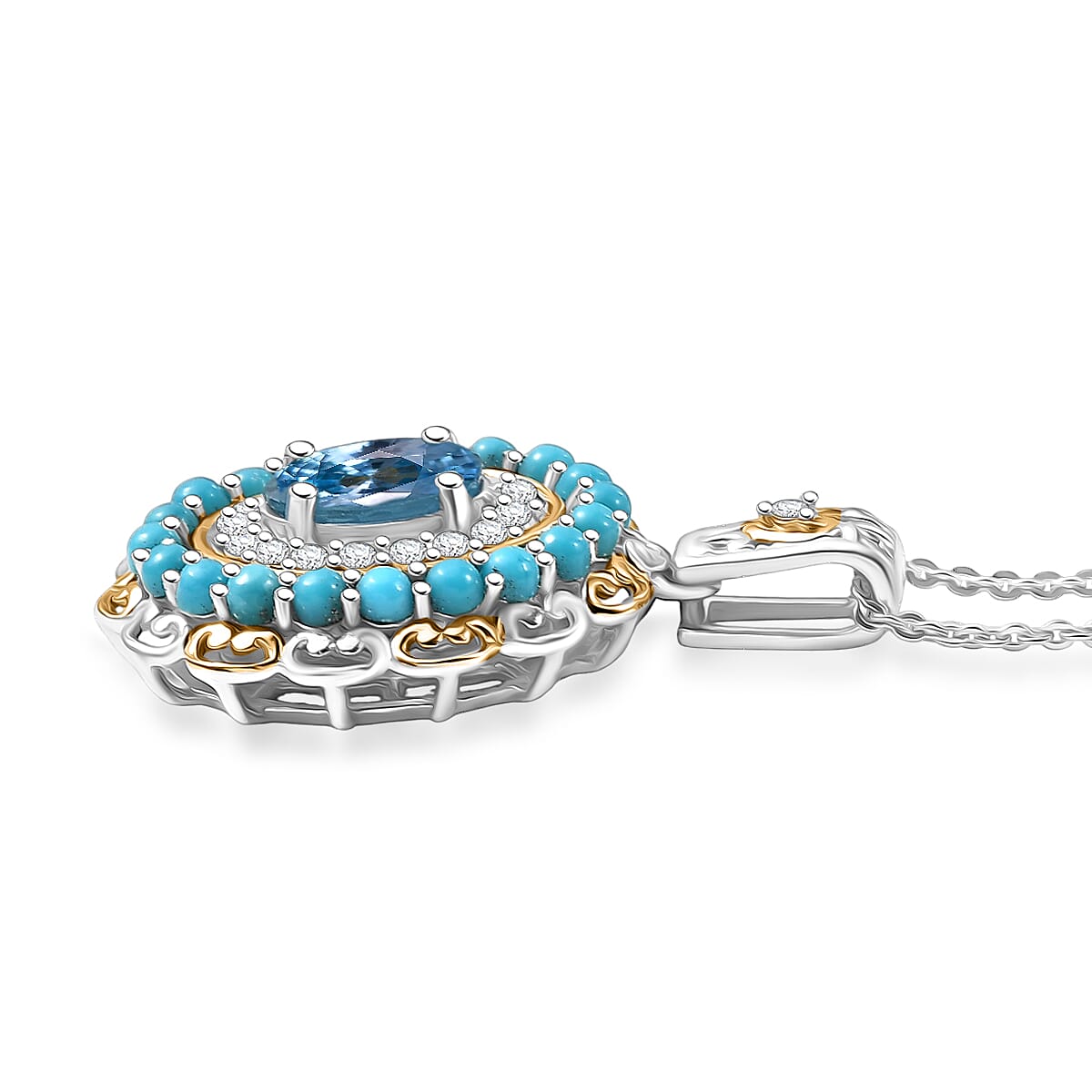 D'Joy AAA Cambodian Blue Zircon and Multi Gemstone 3.10 ctw Oceanfire Royale Pendant Necklace in 18K Vermeil YG and Rhodium Over Sterling Silver 20 Inches image number 3