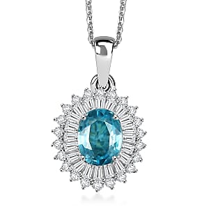 D'Joy AAA Cambodian Blue Zircon and Moissanite 2.90 ctw Pendant Necklace in Rhodium Over Sterling Silver 20 Inches