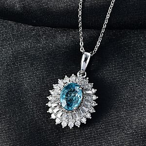 D'Joy AAA Cambodian Blue Zircon, Moissanite Pendant Necklace in Rhodium Over Sterling Silver 2.90 ctw (20 Inches)