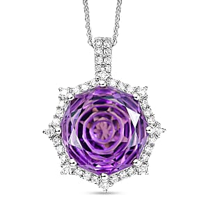 D'Joy African Amethyst and Moissanite 12.40 ctw Pendant Necklace in Rhodium Over Sterling Silver 20 Inches