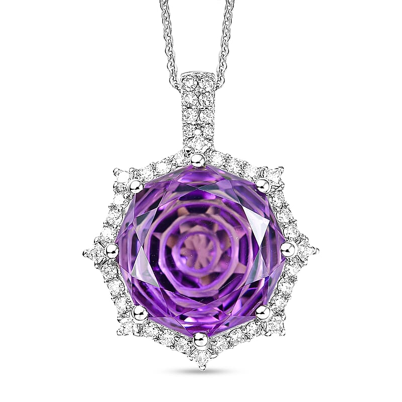 D'Joy Star Illusion Cut African Amethyst and Moissanite 12.40 ctw Pendant Necklace in Rhodium Over Sterling Silver 20 Inches