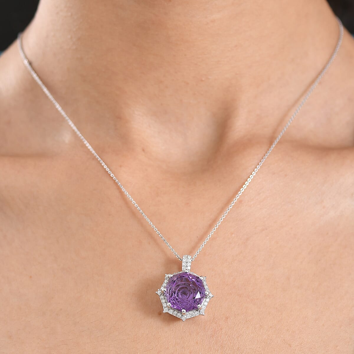 D'Joy African Amethyst and Moissanite 12.40 ctw Pendant Necklace in Rhodium Over Sterling Silver 20 Inches image number 2