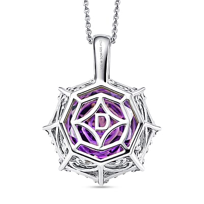D'Joy Star Illusion Cut African Amethyst and Moissanite 12.40 ctw Pendant Necklace in Rhodium Over Sterling Silver 20 Inches