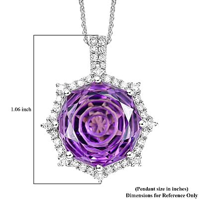 D'Joy Star Illusion Cut African Amethyst and Moissanite 12.40 ctw Pendant Necklace in Rhodium Over Sterling Silver 20 Inches
