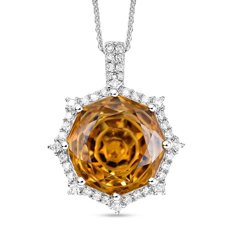 D'Joy Star Illusion Cut Brazilian Citrine and Moissanite 12.65 ctw Pendant Necklace in Rhodium Over Sterling Silver 20 Inches