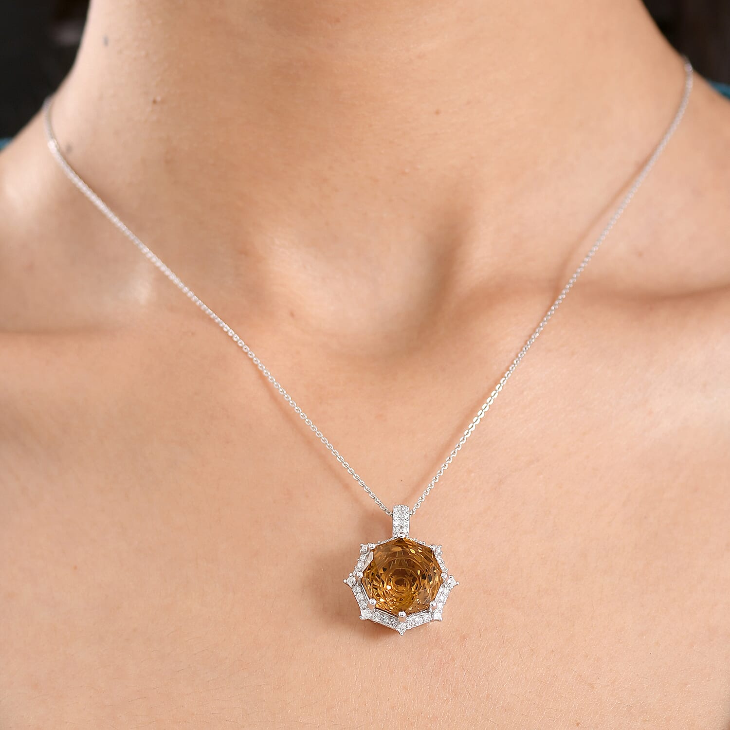 D'Joy Star Illusion Cut Brazilian Citrine and Moissanite 12.65 ctw Pendant Necklace in Rhodium Over Sterling Silver 20 Inches
