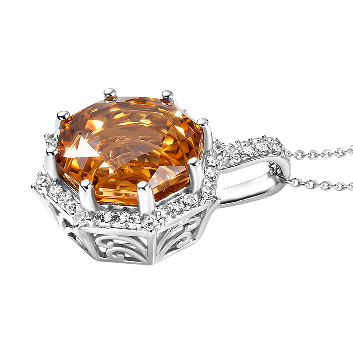 D'Joy Star Illusion Cut Brazilian Citrine and Moissanite 12.65 ctw Pendant Necklace in Rhodium Over Sterling Silver 20 Inches