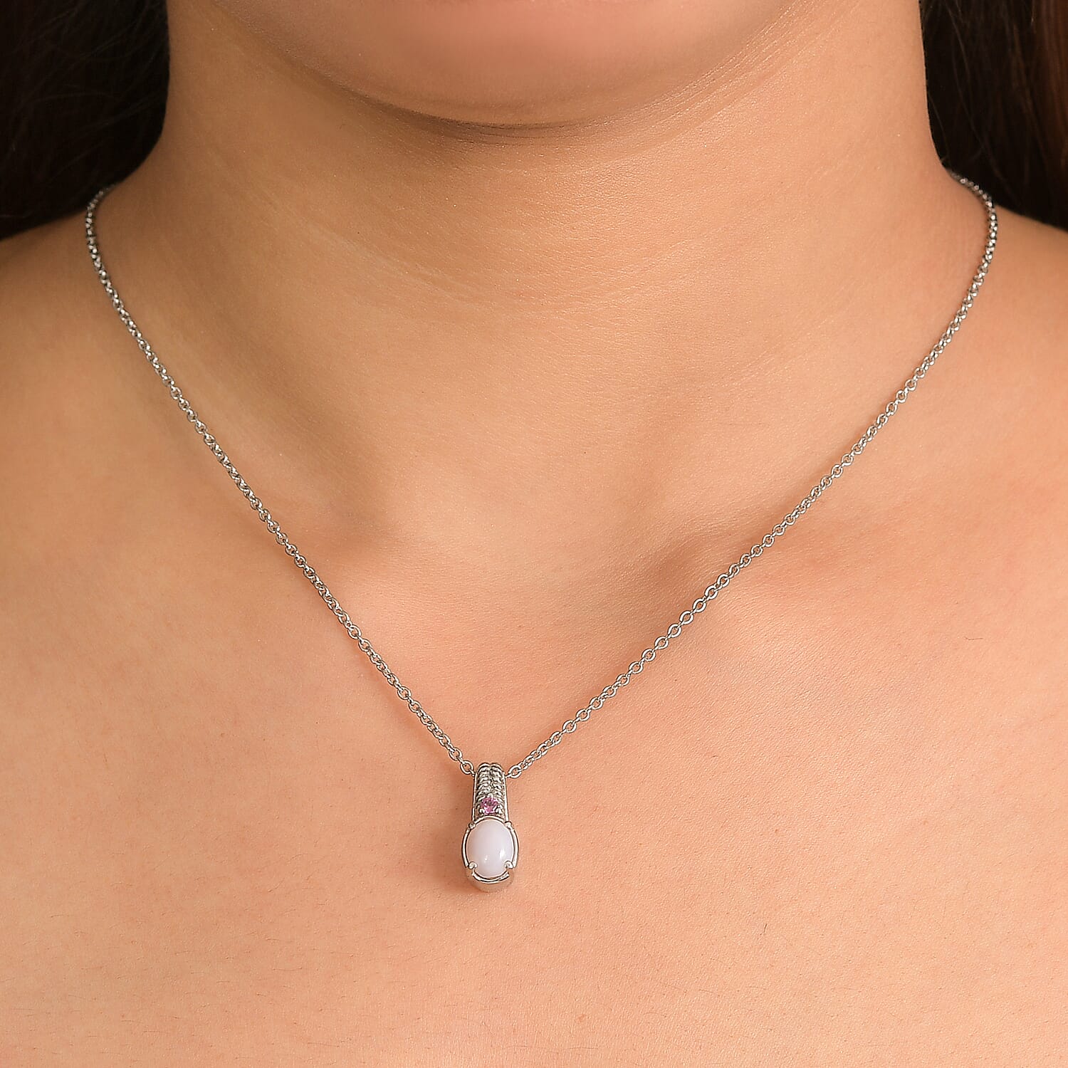 EverTrue Angelskin Pink Opal and Lotus Garnet 1.10 ctw Pendant Necklace in Stainless Steel 20 Inches