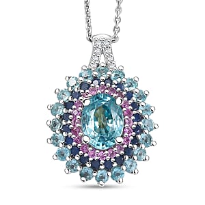 D'Joy Premium Cambodian Blue Zircon and Multi Gemstone 3.40 ctw Pendant Necklace in Rhodium Over Sterling Silver 20 Inches