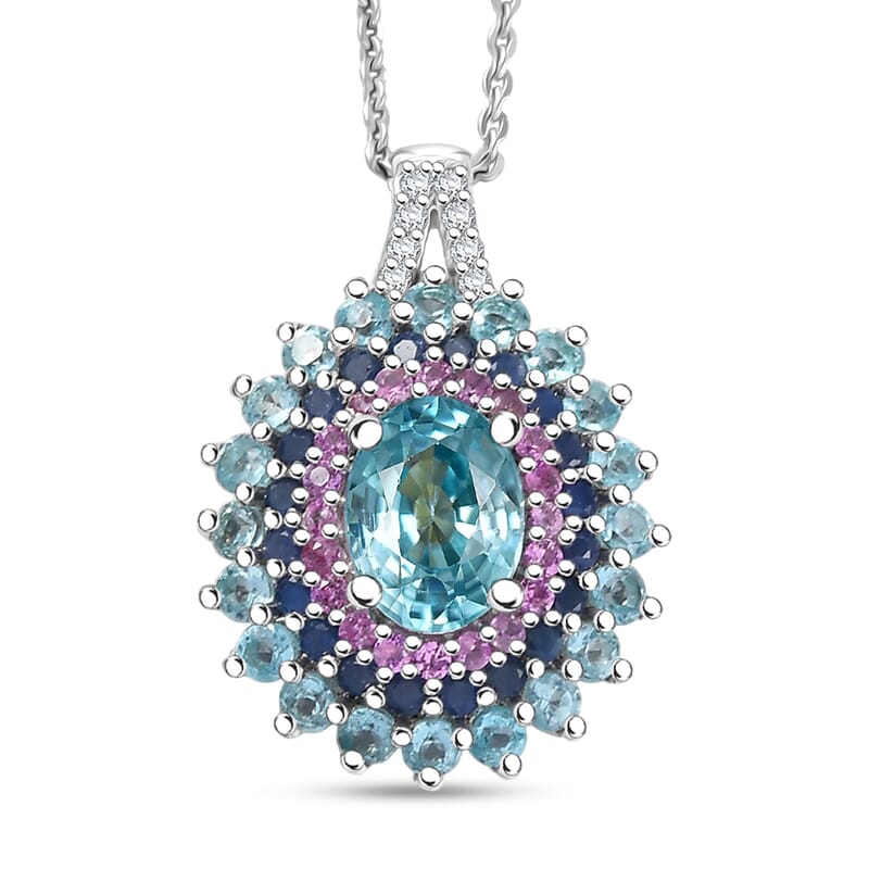 D'Joy  Cambodian Blue Zircon, Multi Gemstone Pendant Necklace in Rhodium Over Sterling Silver 3.40 ctw (20 Inches)