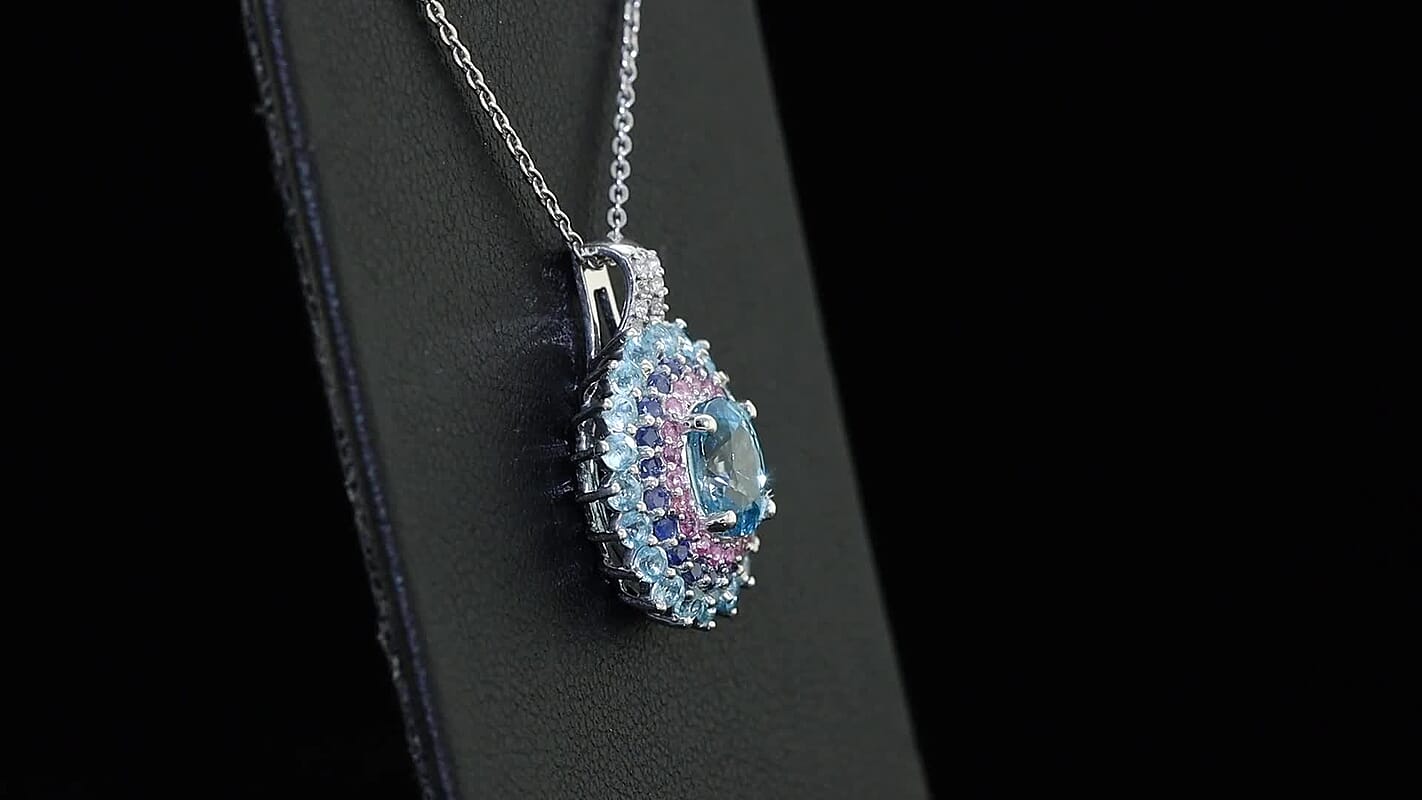 D'Joy  Cambodian Blue Zircon, Multi Gemstone Pendant Necklace in Rhodium Over Sterling Silver 3.40 ctw (20 Inches)