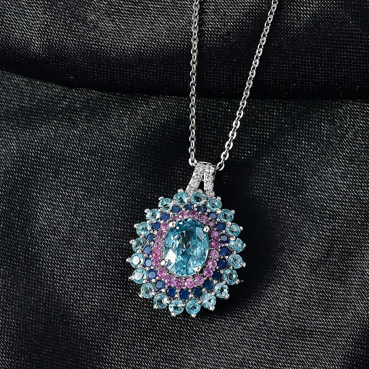 D'Joy Premium Cambodian Blue Zircon and Multi Gemstone 3.40 ctw Oceanfire Majesty Pendant Necklace in Rhodium Over Sterling Silver 20 Inches image number 1