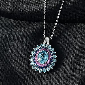 D'Joy  Cambodian Blue Zircon, Multi Gemstone Pendant Necklace in Rhodium Over Sterling Silver 3.40 ctw (20 Inches)