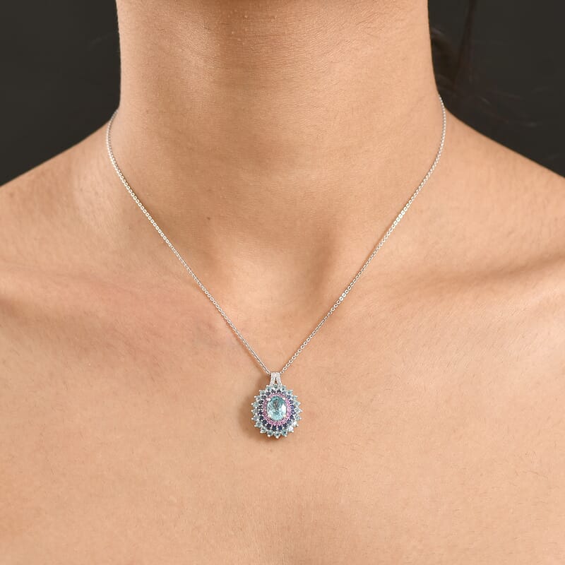 D'Joy  Cambodian Blue Zircon, Multi Gemstone Pendant Necklace in Rhodium Over Sterling Silver 3.40 ctw (20 Inches)