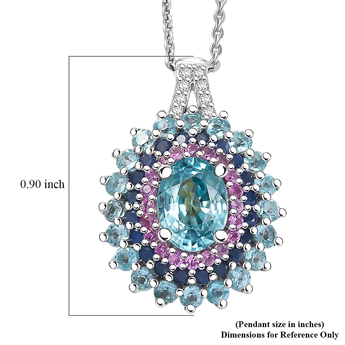 D'Joy Premium Cambodian Blue Zircon and Multi Gemstone 3.40 ctw Oceanfire Majesty Pendant Necklace in Rhodium Over Sterling Silver 20 Inches image number 6