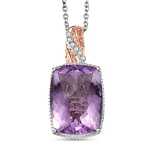 EverTrue Rose De France Amethyst and White Zircon 20.50 ctw Pendant in 18K RG Plated and Platinum Bond with Stainless Steel Necklace 20 Inches