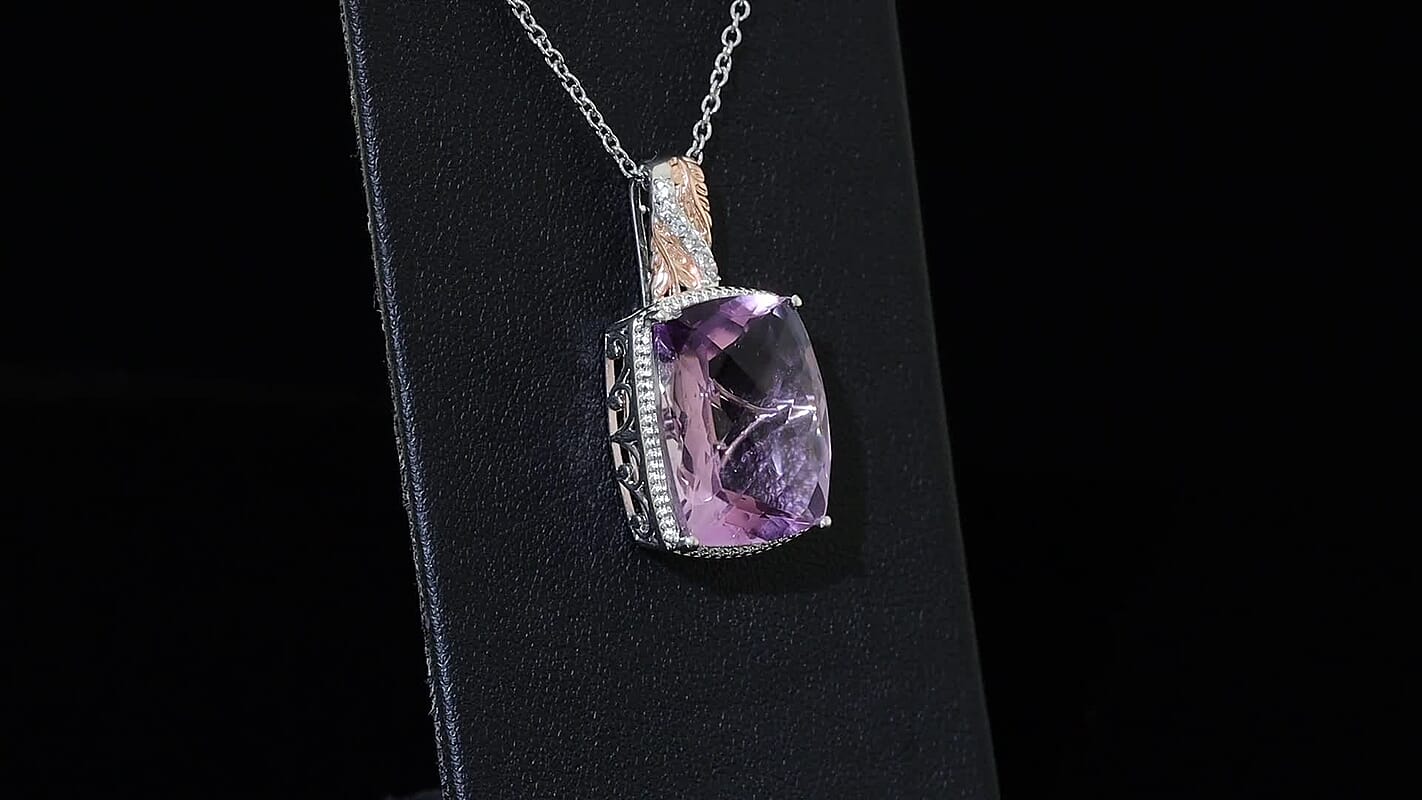 EverTrue Rose De France Amethyst, White Zircon Pendant in Platinum Bond with Stainless Steel Necklace (20 Inches) 20.50 ctw