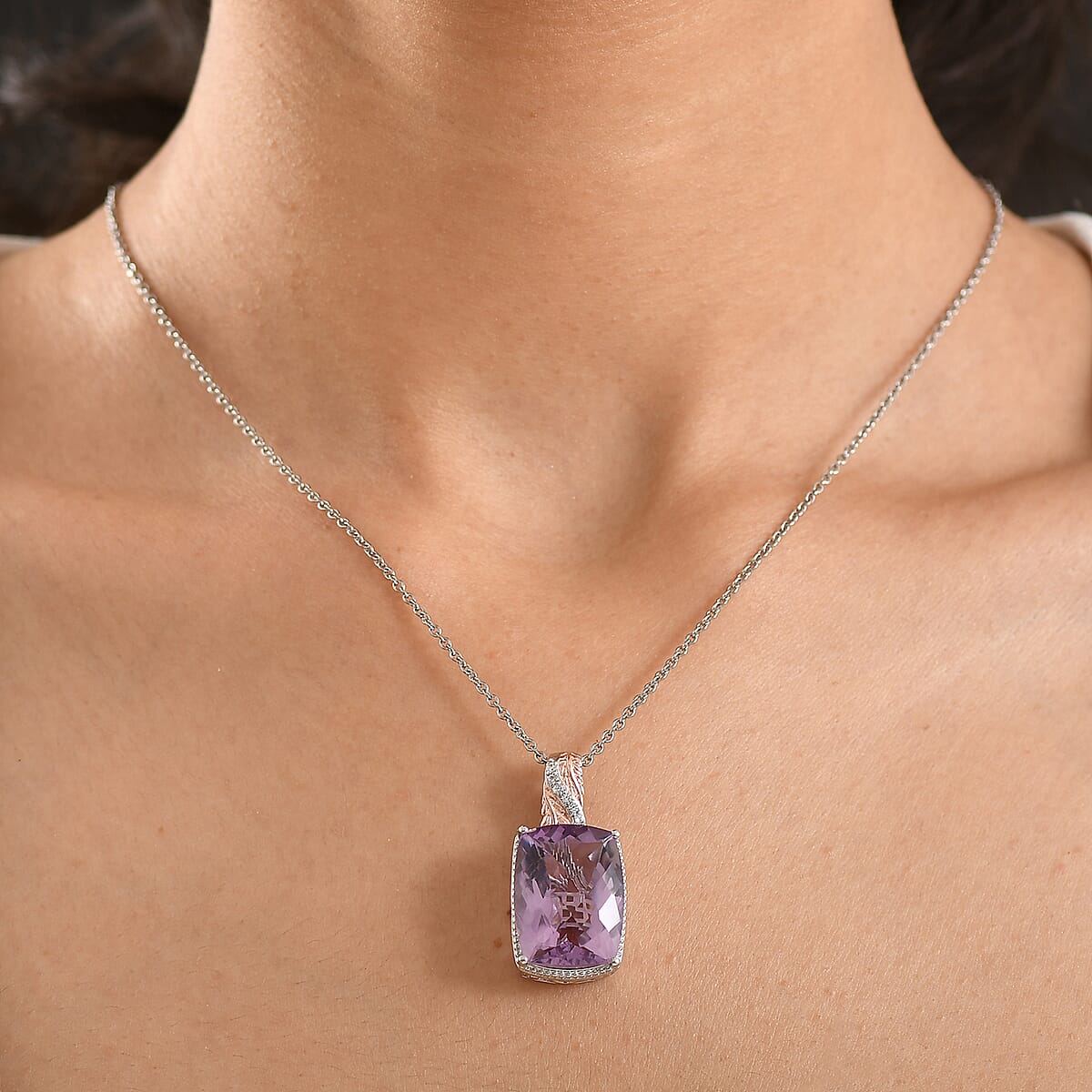 EverTrue Rose De France Amethyst and White Zircon 20.50 ctw Pendant in 18K RG Plated and Platinum Bond with Stainless Steel Necklace 20 Inches image number 2