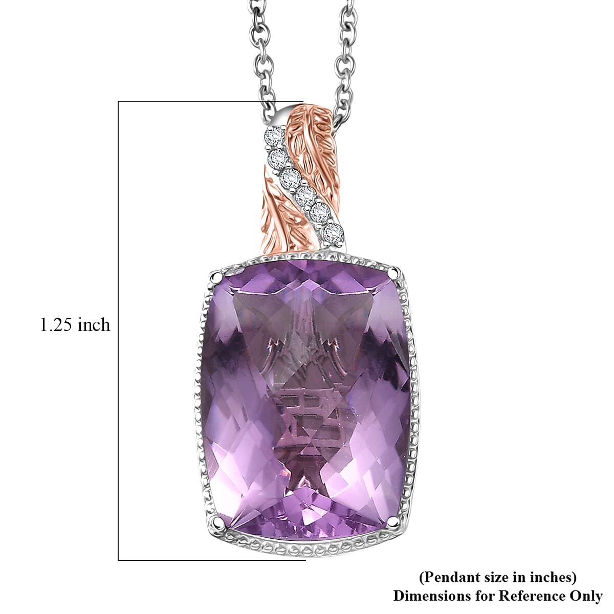 EverTrue Rose De France Amethyst and White Zircon 20.50 ctw Pendant in 18K RG Plated and Platinum Bond with Stainless Steel Necklace 20 Inches image number 6