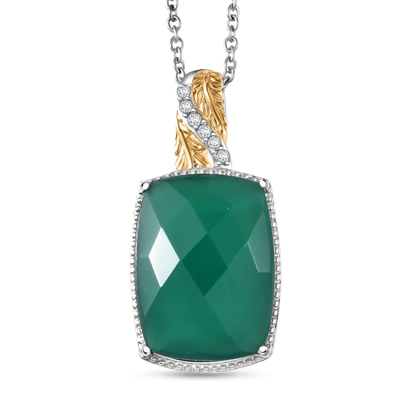EverTrue Verde Onyx and White Zircon 14.60 ctw Pendant in 18K YG Plated and Platinum Bond with Stainless Steel Necklace 20 Inches